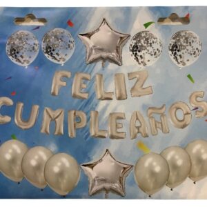 Set de globos FELÍZ CUMPLEAÑOS plateados letras mayusculas